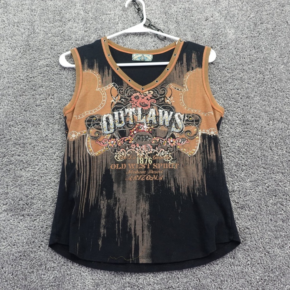 Vanilla Sugar Tank Top Womens Small Black Western Outlaws Graphic V Neck Studded
